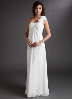 Empire One-Shoulder Floor-Length Chiffon Maternity Bridesmaid Dress With Ruffle Flower(s) (045022471)
