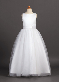 A-Line/Princess Scoop Neck Floor-Length Tulle Charmeuse Junior Bridesmaid Dress With Flower(s) (009022455)