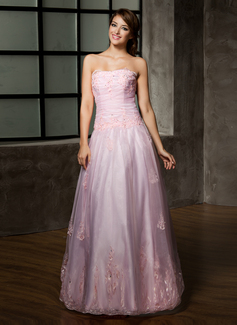 Corte A/Princesa Sin tirantes Hasta el suelo Organza Vestido de quinceañera con Volantes Encaje Bordoneado (021002858)