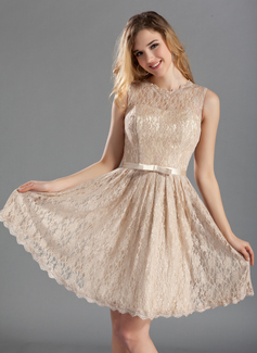 A-Line/Princess Scoop Neck Knee-Length Charmeuse Lace Bridesmaid Dress With Sash (007019660)