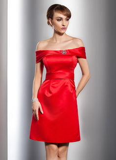 A-Line/Princess Off-the-Shoulder Knee-Length Satin Cocktail Dress With Beading (016014759)