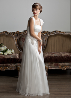 A-Line/Princess Square Neckline Floor-Length Tulle Wedding Dress With Ruffle Beadwork (002011588)