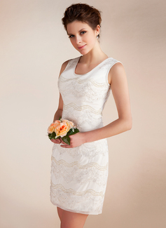 Sheath/Column Scoop Neck Short/Mini Chiffon Wedding Dress With Lace Beadwork (002012815)