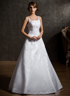 A-Line/Princess Square Neckline Chapel Train Organza Satin Wedding Dress With Lace Beadwork (002012906)