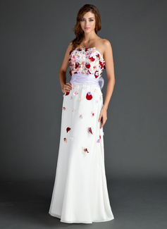Sheath Strapless Floor-Length Chiffon Prom Dress With Sash Beading Flower(s) (018015562)