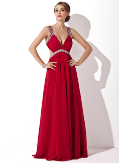 A-Line/Princess V-neck Floor-Length Chiffon Prom Dress With Ruffle Beading Sequins (018004792)