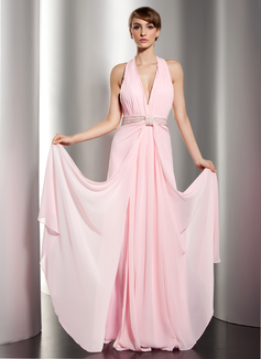 A-Line/Princess Halter Floor-Length Chiffon Holiday Dress With Ruffle Beading (020014591)