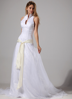 A-Line/Princess Halter Court Train Organza Satin Wedding Dress With Sashes (002004777)