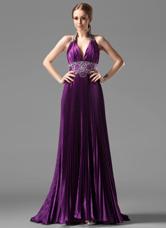 A-Line/Princess Halter Sweep Train Charmeuse Evening Dress With Ruffle Beading (017002268)