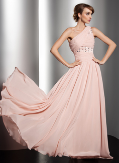 A-Line/Princess One-Shoulder Floor-Length Chiffon Holiday Dress With Ruffle Beading Flower(s) (020014547)