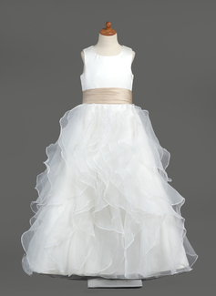 A-Line/Princess Scoop Neck Floor-Length Organza Satin Flower Girl Dress With Sash (010005799)