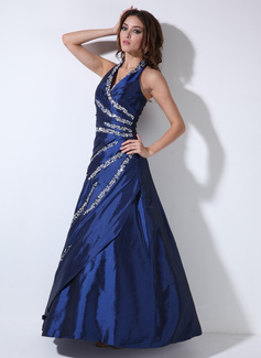 A-Line/Princess Halter Floor-Length Taffeta Quinceanera Dress With Beading Sequins (021020643)