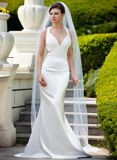 Sheath/Column V-neck Sweep Train Charmeuse Wedding Dress With Ruffle Beadwork Sequins (002012598)