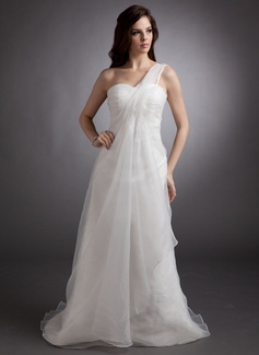 Empire One-Shoulder Court Train Organza Wedding Dress With Ruffle Beadwork (002012637)