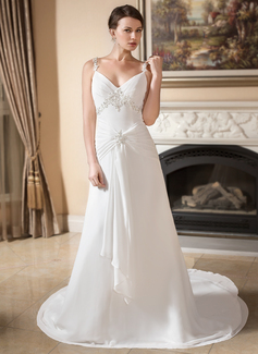 A-Line/Princess V-neck Watteau Train Chiffon Wedding Dress With Ruffle Lace Beadwork (002001665)