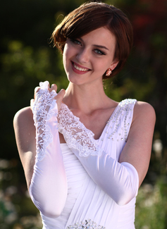 Elastic Satin Beadings Lace Elbow Gloves (014005531)