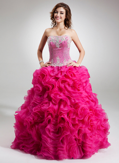 Ball-Gown Strapless Floor-Length Organza Quinceanera Dress With Lace Beading (021016752)