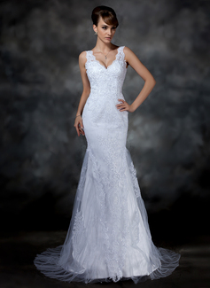 Mermaid V-neck Sweep Train Satin Tulle Wedding Dress With Lace (002004597)