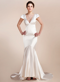 Mermaid V-neck Asymmetrical Charmeuse Wedding Dress (002012161)