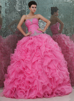 Ball-Gown Sweetheart Floor-Length Organza Quinceanera Dress With Ruffle Beading (021017441)