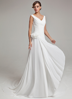 A-Line/Princess V-neck Chapel Train Chiffon Satin Wedding Dress With Ruffle Feather Flower(s) (002011459)