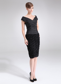 Sheath Off-the-Shoulder Knee-Length Taffeta Lace Mother of the Bride Dress With Ruffle Flower(s) (008006089)