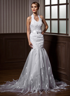 Mermaid Halter Court Train Organza Charmeuse Wedding Dress With Lace Sashes Beadwork (002012739)