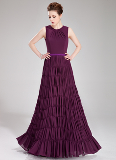 A-Line/Princess Scoop Neck Floor-Length Chiffon Charmeuse Evening Dress With Sash (017019754)