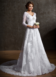 A-Line/Princess V-neck Court Train Satin Lace Wedding Dress With Lace Beadwork Sequins (002004758)