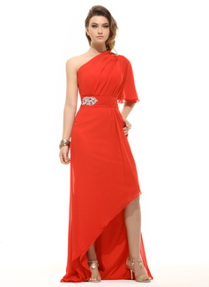 A-Line/Princess One-Shoulder Asymmetrical Chiffon Holiday Dress With Ruffle Beading (020016062)