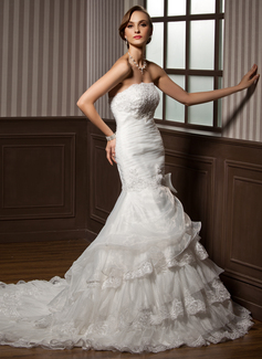 Mermaid Strapless Chapel Train Organza Wedding Dress With Ruffle Lace (002012769)