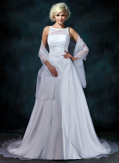 A-Line/Princess Scoop Neck Chapel Train Organza Satin Wedding Dress With Lace Beadwork (002000104)