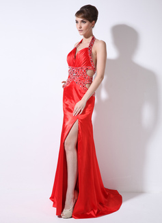 Sheath Sweetheart Watteau Train Charmeuse Evening Dress With Ruffle Beading (017026003)