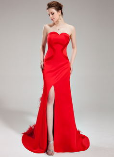 Sheath Sweetheart Court Train Satin Evening Dress With Feather (017019568)