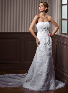 Empire Sweetheart Watteau Train Satin Tulle Wedding Dress With Ruffle Lace Beadwork (002000117)