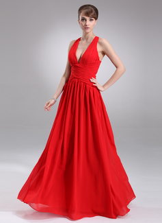 A-Line/Princess V-neck Floor-Length Chiffon Evening Dress With Ruffle (017022544)