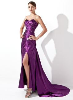 Sheath Sweetheart Court Train Charmeuse Evening Dress With Ruffle Beading (017004174)