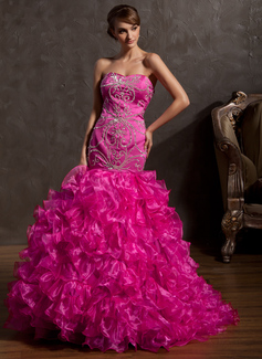 Mermaid Sweetheart Sweep Train Organza Satin Prom Dress With Beading (018014929)