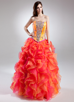 Ball-Gown Strapless Floor-Length Organza Charmeuse Prom Dress With Beading (018015698)