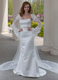 Mermaid Sweetheart Watteau Train Satin Tulle Wedding Dress With Lace Beadwork (002004482)