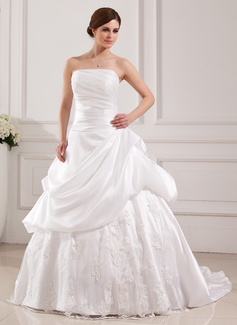 Ball-Gown Strapless Sweep Train Taffeta Tulle Wedding Dress With Lace (002019536)