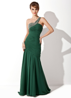 Mermaid One-Shoulder Sweep Train Chiffon Prom Dress With Ruffle Beading (018004799)