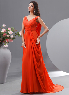 A-Line/Princess V-neck Sweep Train Chiffon Evening Dress With Ruffle (017022726)