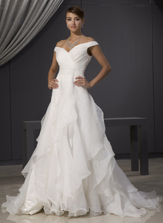 A-Line/Princess Off-the-Shoulder Chapel Train Organza Wedding Dress With Ruffle Lace Beadwork (002014481)