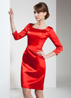 Sheath Square Neckline Knee-Length Charmeuse Cocktail Dress With Beading (016021239)