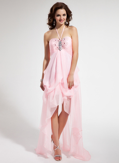 Empire Halter Asymmetrical Chiffon Prom Dress With Ruffle Beading (018008272)