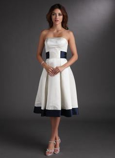 A-Line/Princess Strapless Knee-Length Satin Wedding Dress With Sashes (002000067)