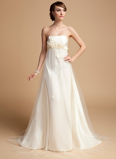 Empire Strapless Sweep Train Satin Tulle Wedding Dress With Flower(s) (002014723)