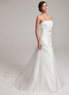 A-Line/Princess Strapless Chapel Train Organza Wedding Dress With Ruffle Beadwork (002001245)