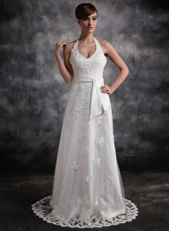 A-Line/Princess Halter Court Train Satin Tulle Wedding Dress With Lace Beadwork (002016896)
